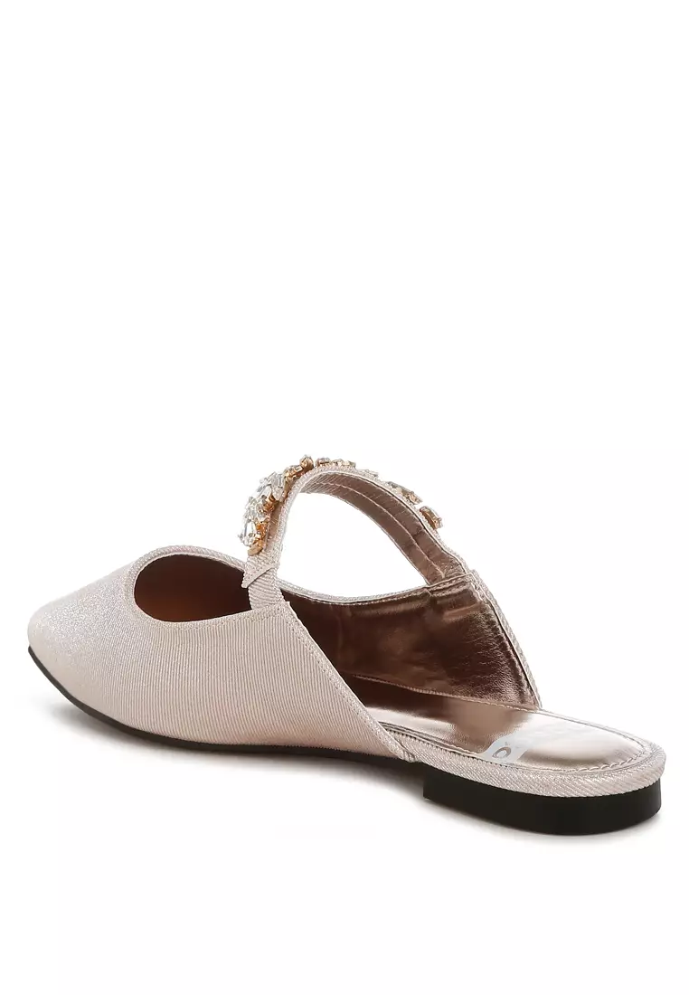 Diamante Strap Glitter Mules in Beige