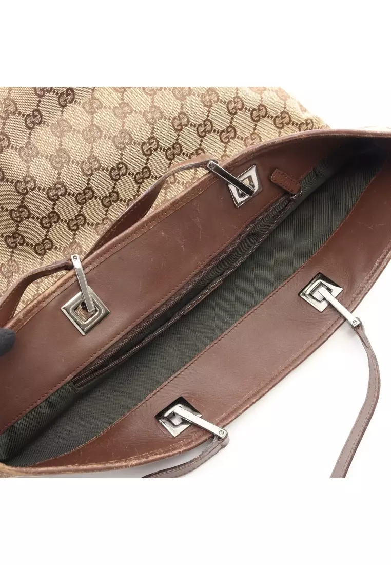 Pre-Loved Gucci GG canvas Shoulder bag tote bag canvas leather beige Dark brown