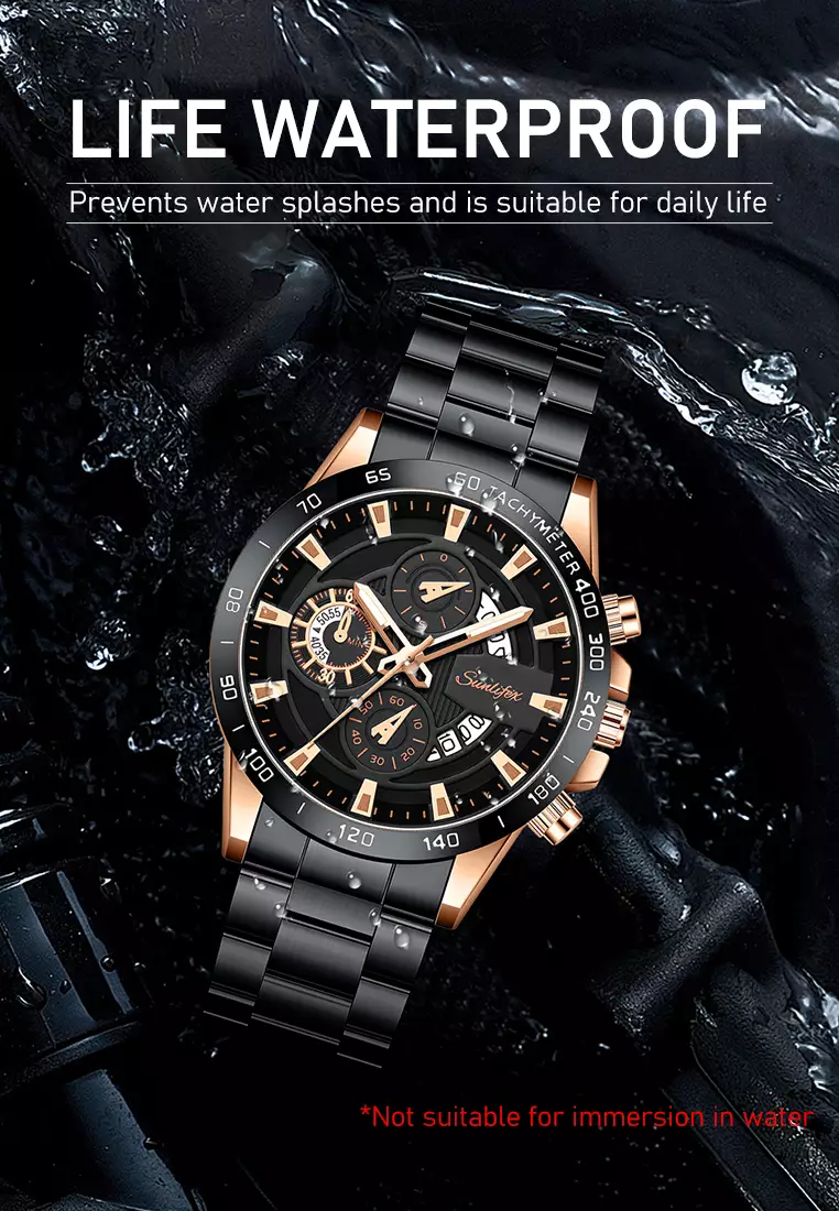 Jam Tangan Pria SL3321 Quartz Kalender Bercahaya Olahraga Tali Stainless Steel Jam Tangan Cowok blackgold