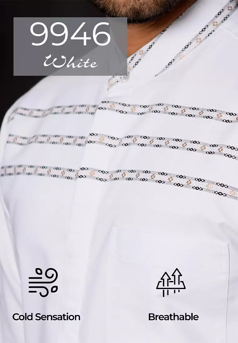 Casella Baju Koko Pria Lengan Panjang Premium Horizontal White | Koko Elegant Ismail Lengan Panjang 9946 White