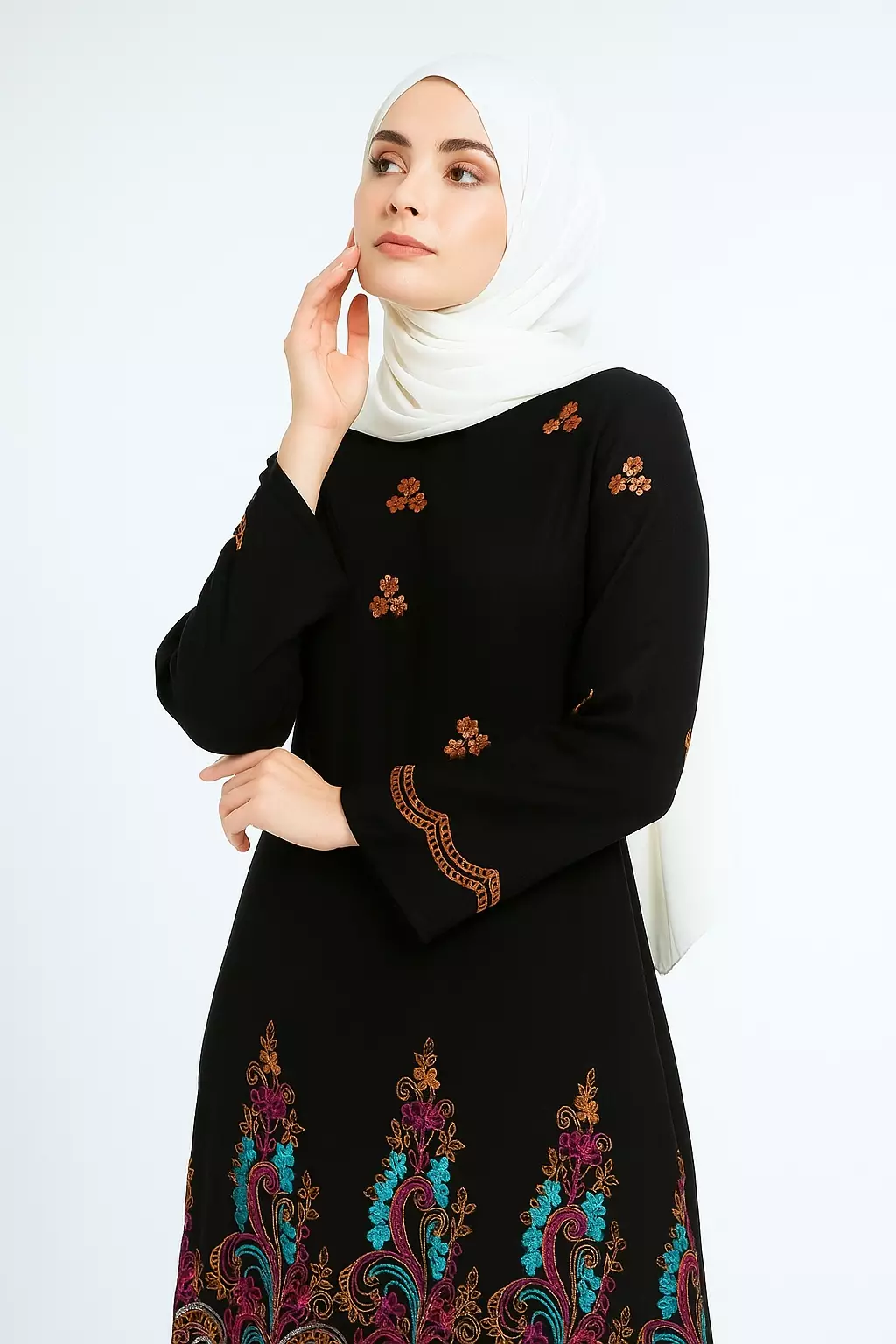 Zahra Maxi Dress In Black With Green Pink Embro