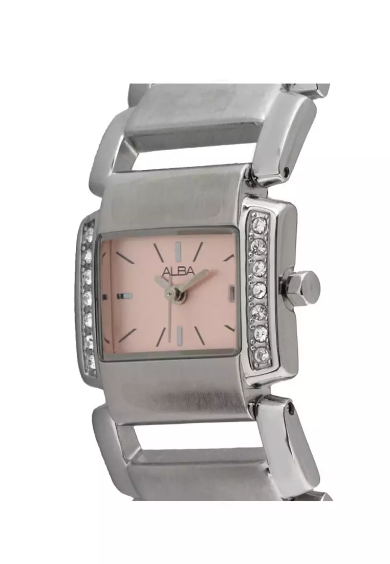 Jam Tangan Wanita Kotak Alba Original AXT475 Pink Stainless Steel