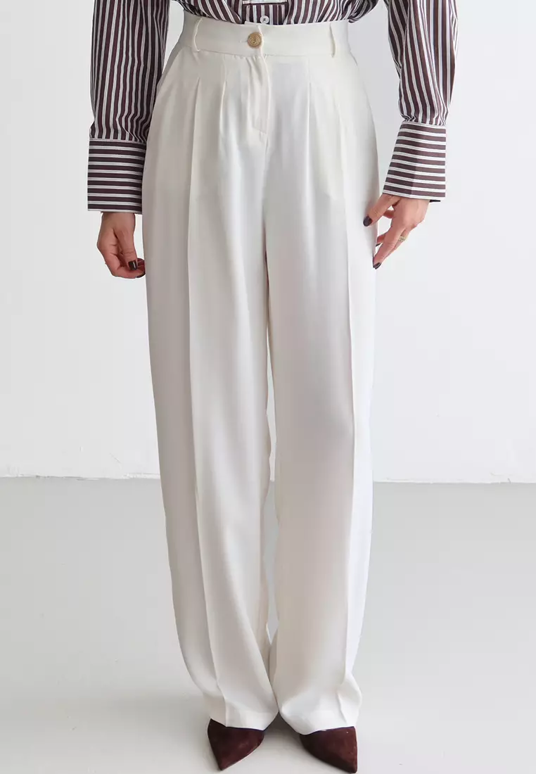 White High Waist Wide Leg Woven Trousers Twoaw26Pl161