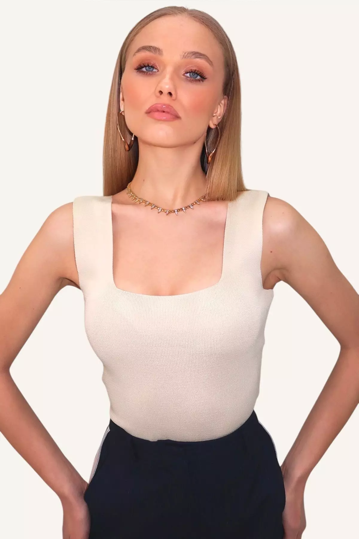 Women's Beige Square Neck Slim Mercerized Blouse