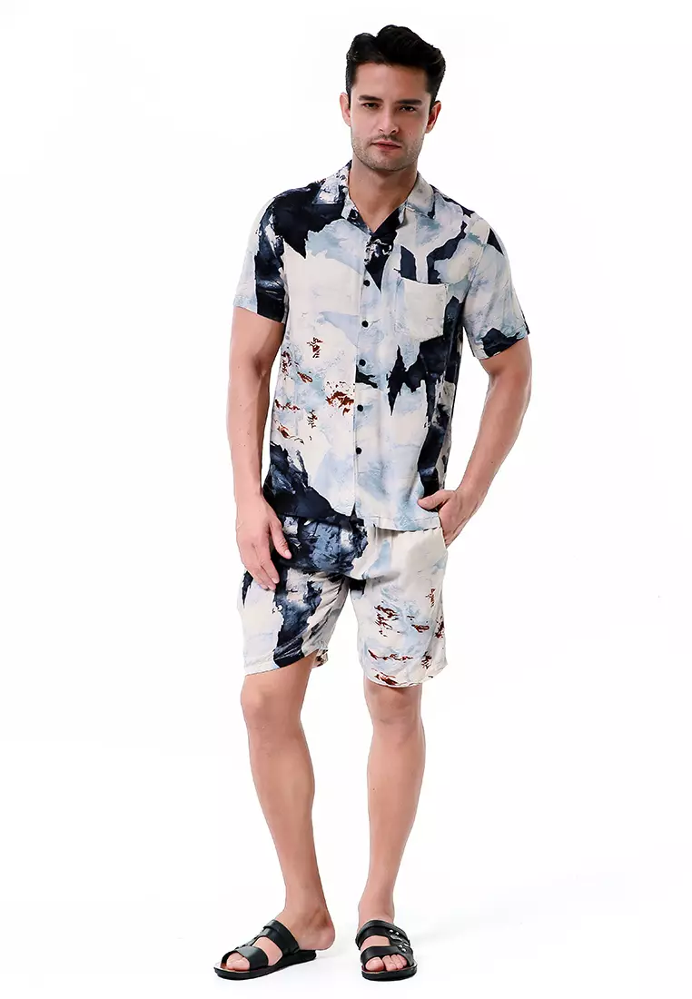 Deon Piyama Pria Abstrack Motive Kemeja One Set Lengan Pendek Material Rayon ORIGINAL - Blue