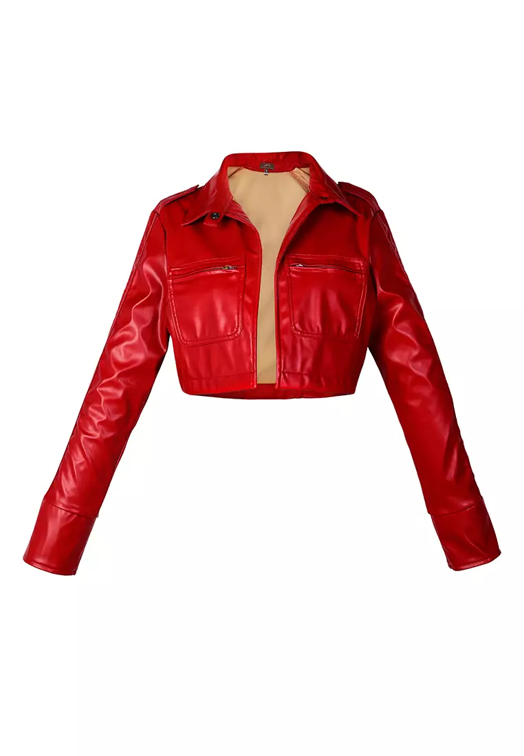 Red fake leather jacket outlet