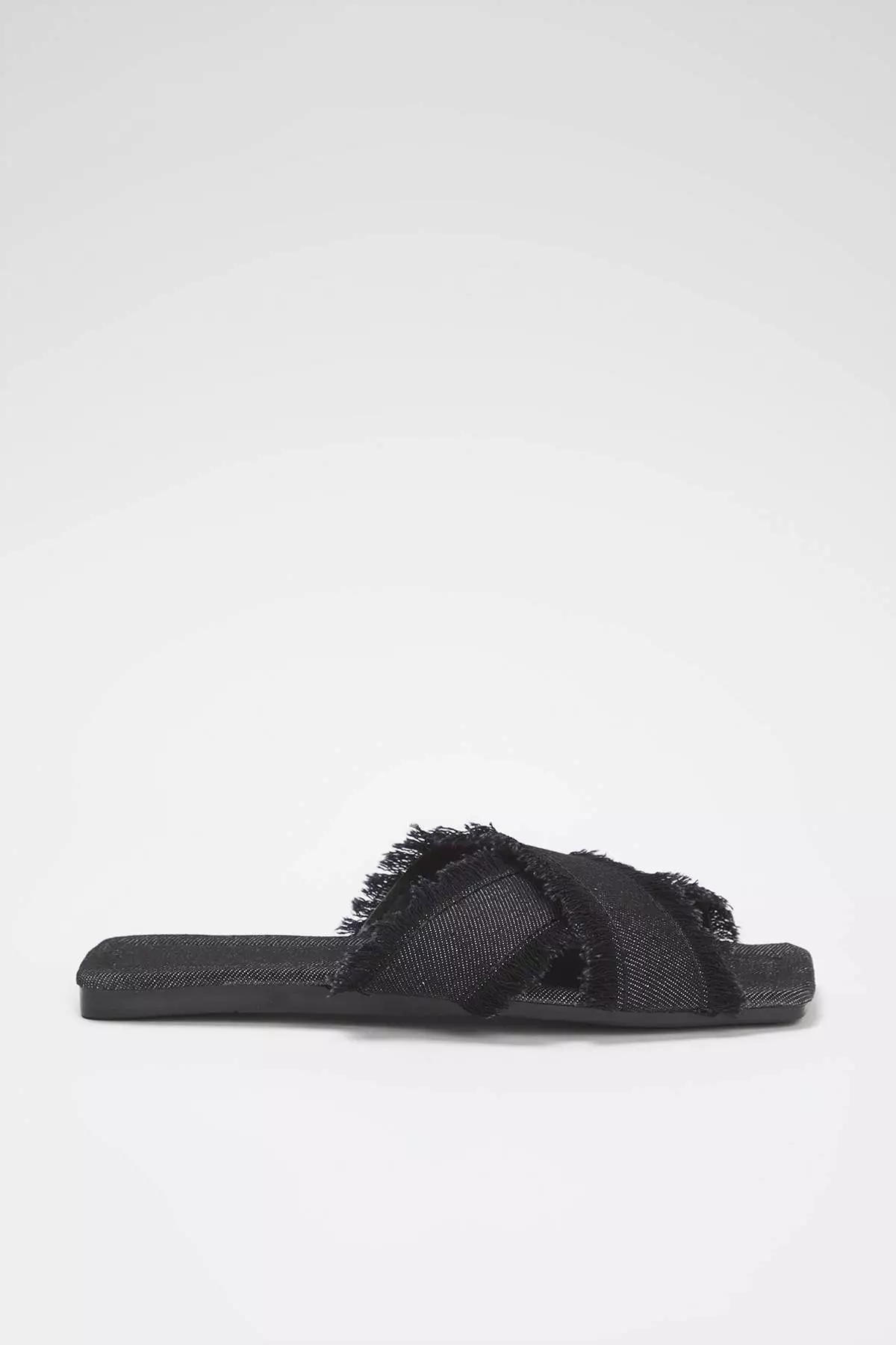 Black Tassel Detailed Denim Cross Strap Women's Slippers Takss25Te00043