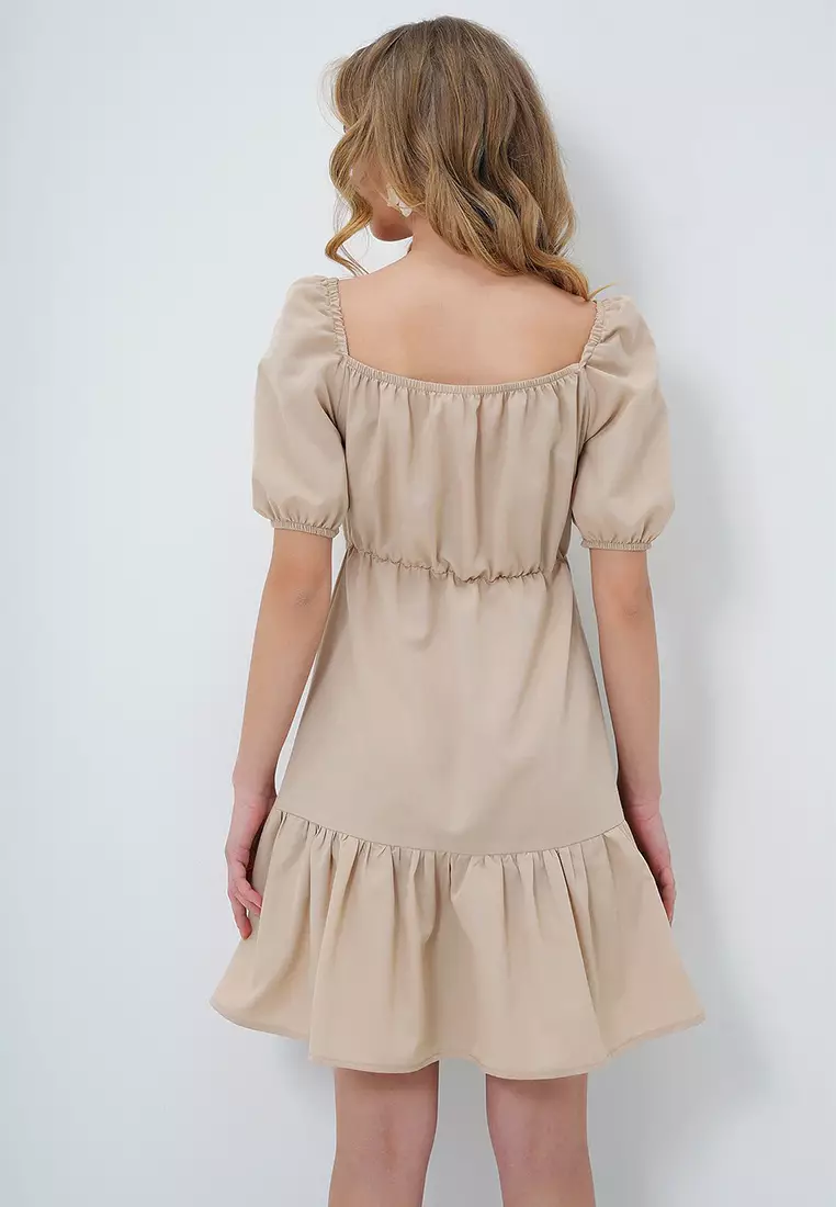 Square Neck Balloon Sleeves Poplin Mini Dress