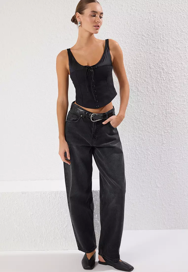 Black Linen Content Satin Detail Fitted Strappy Woven Blouse