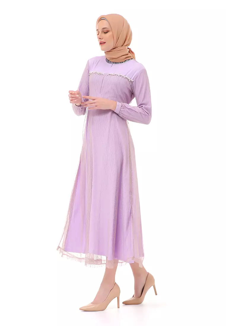 Nadya Dress Muslimah Women Waist Strap High Quality Premium - Lilac