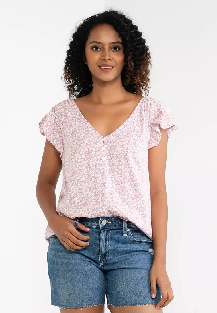 Dusty Rose and Cream Floral Flutter Sleeve Top