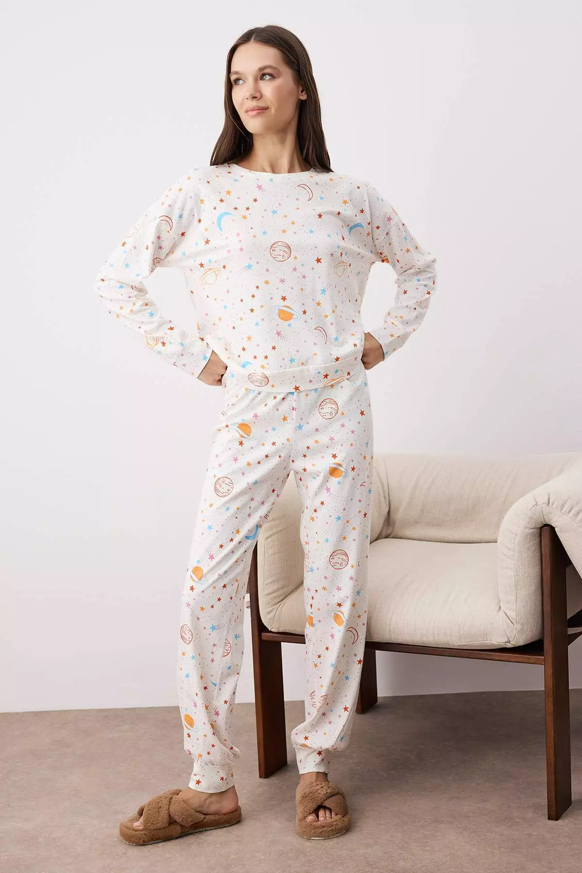 Ecru 100% Cotton Galaxy Patterned Knitted Pajama Set