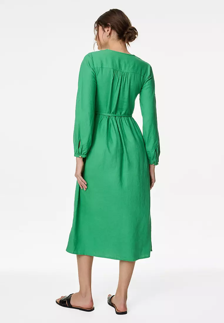 Linen Rich V-Neck Midi Shift Dress