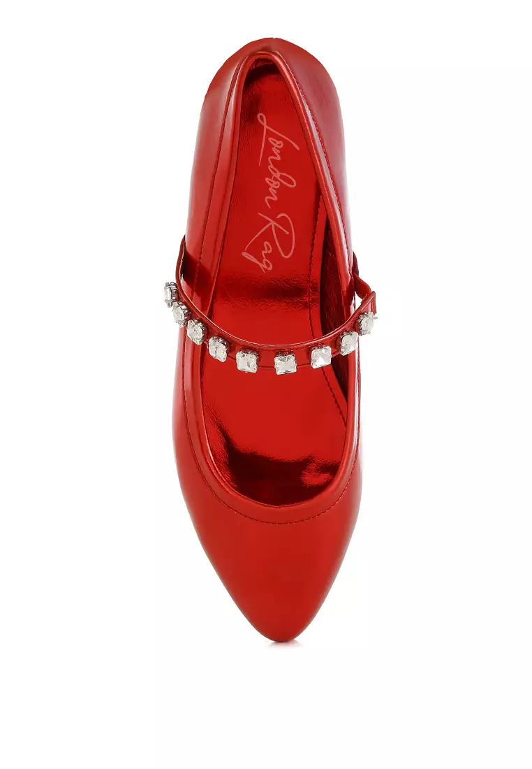 Sepatu Balerina Mary Jane Metalik Warna Merah