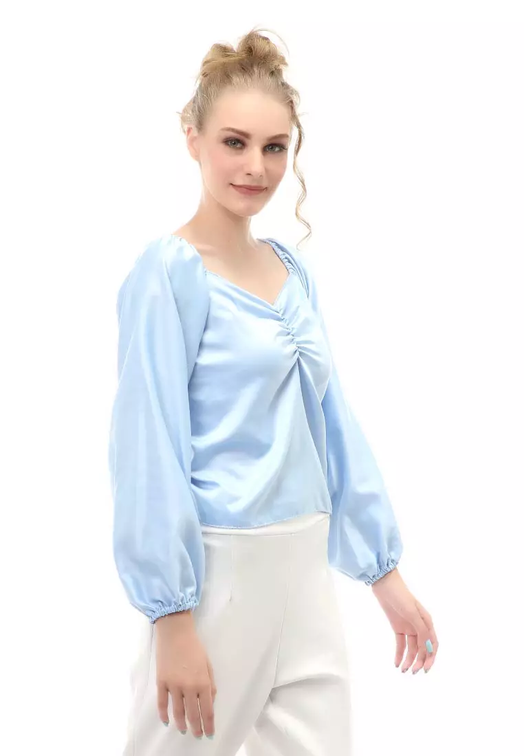 Cheva Blouse Casual Wanita Sabrina Kerut Dada Lengan Panjang Material Satin ORIGINAL - Blue
