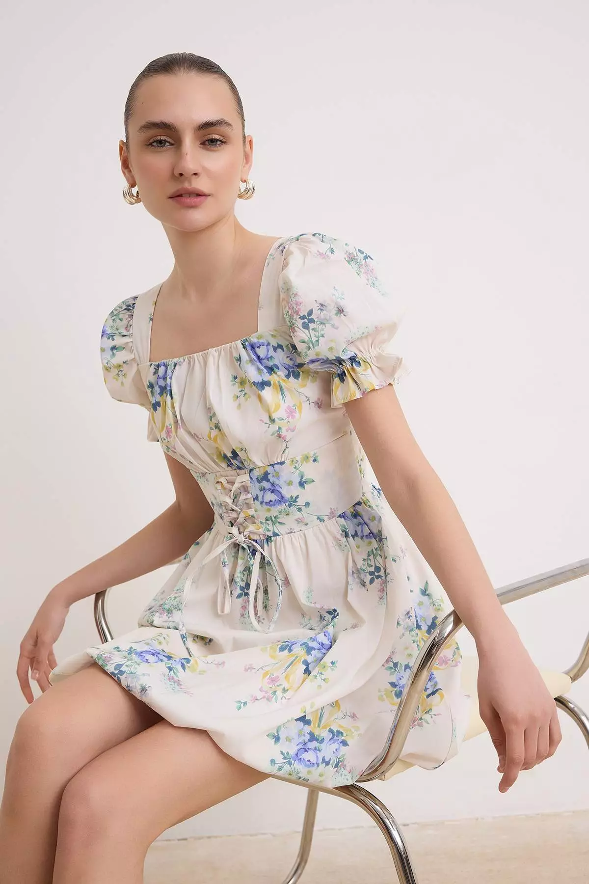 Buy Trendyol Multi-Colored Floral Waist Detail Balloon Sleeve Mini