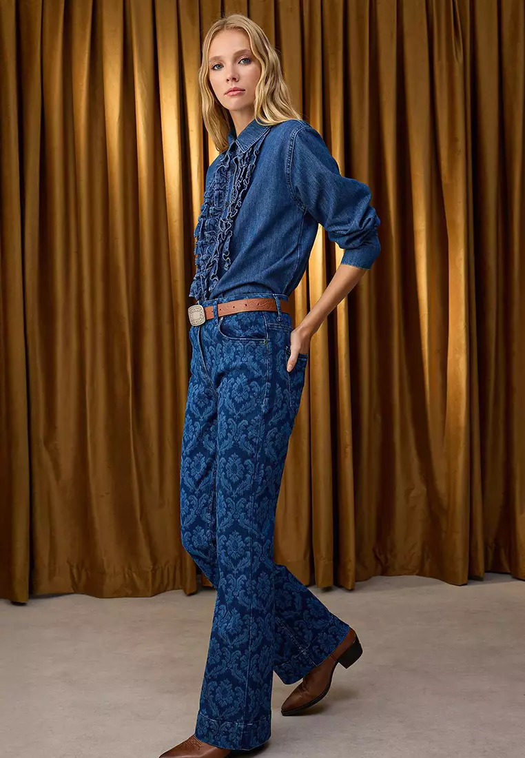 Dark Blue Laser Printed High Waist Flared Jeans Twoaw26Je00033