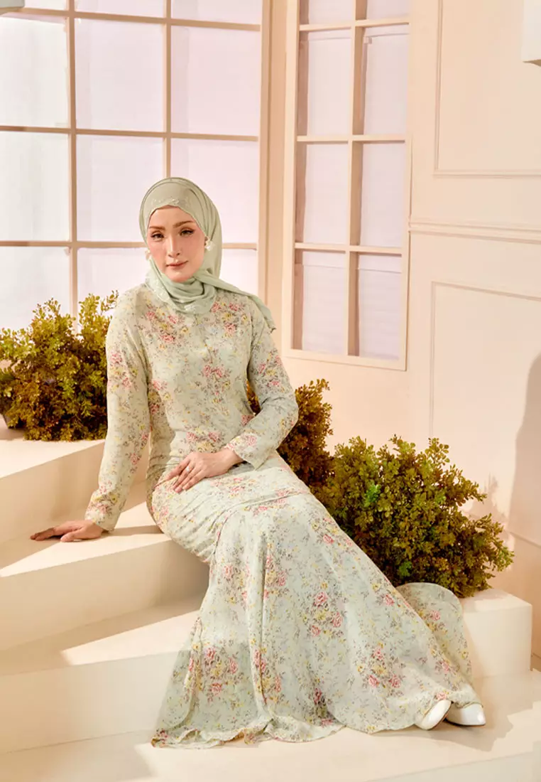 Buy Era Maya ARIEL Sage Green Floral Baju Kurung Moden Princess