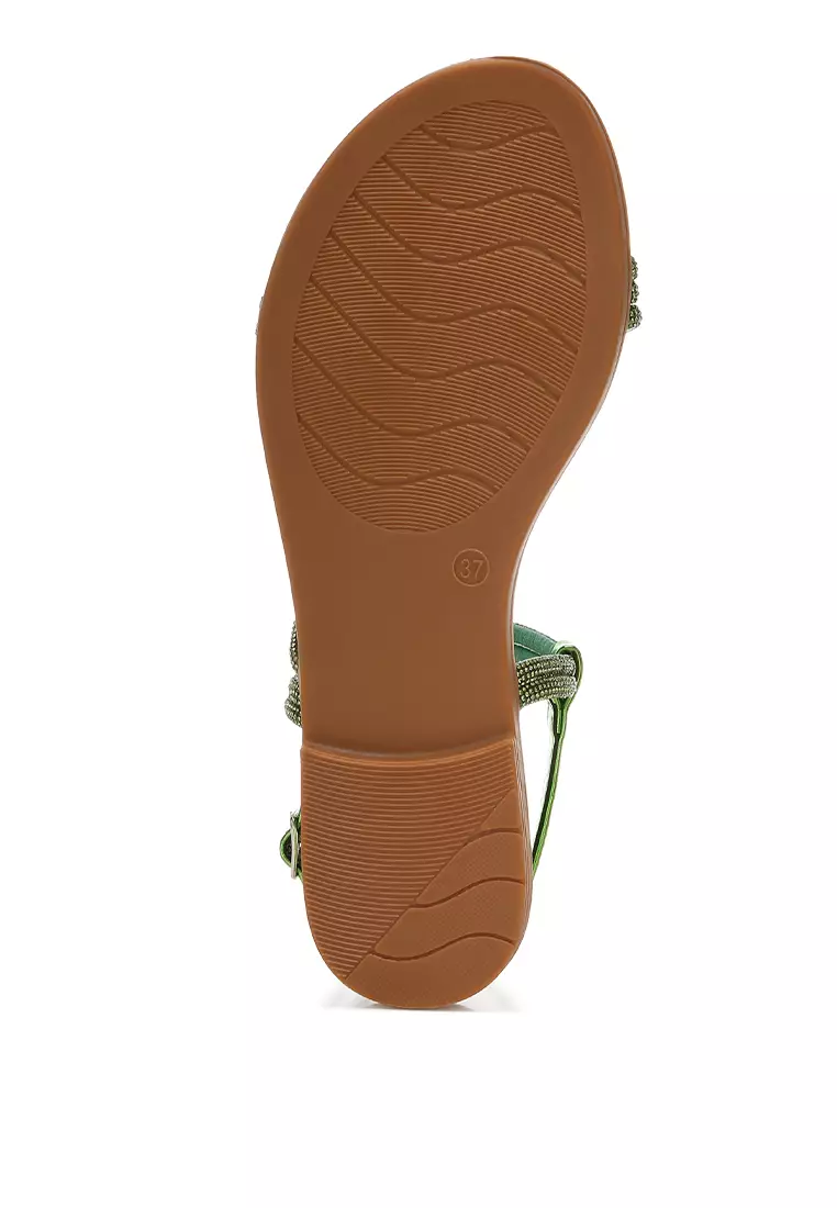 Rhinestone Strappy Flat Sandals in Green