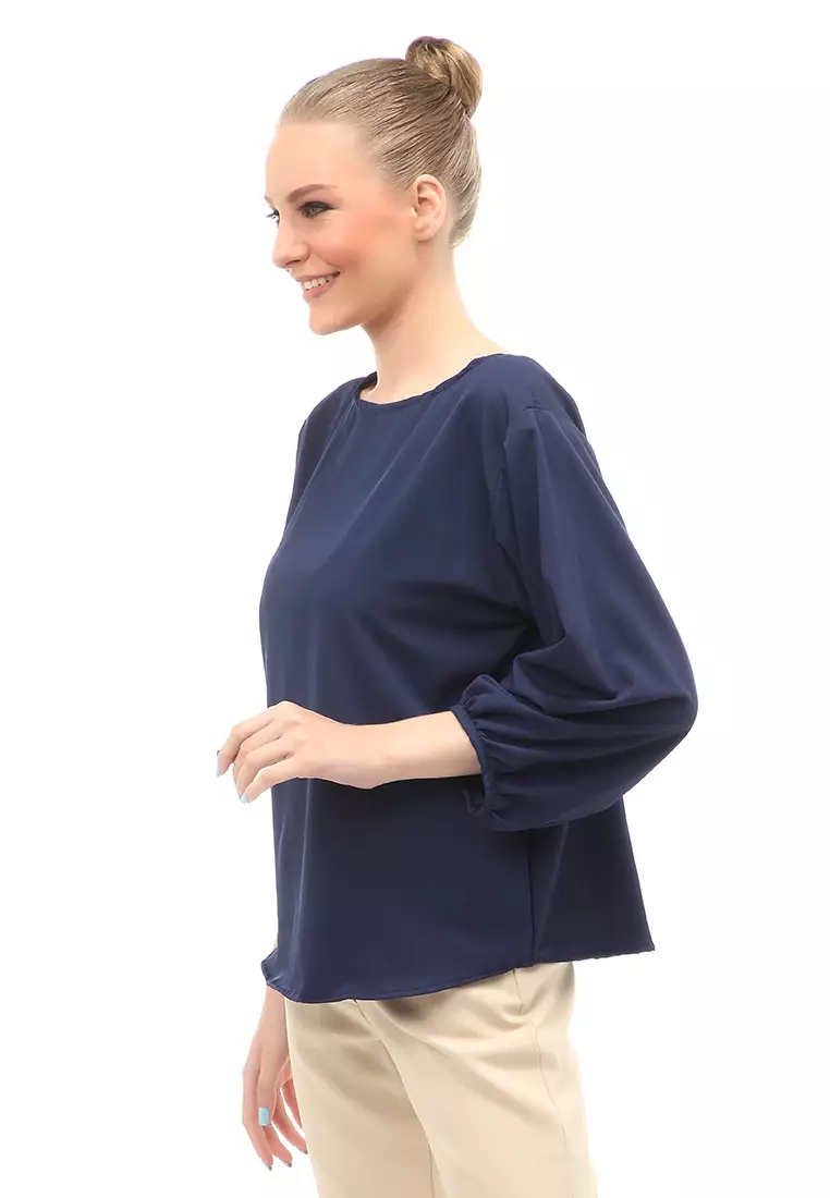 Blouse Lengan Balon Motif Solid Design Simple Regular Fit - Navy