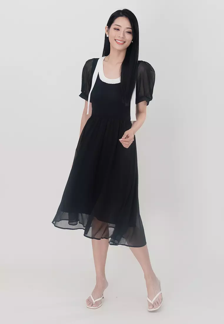 Plain B. Plain B. Puff Sleeve Stretchable Midi Lining Dinner Dress ...