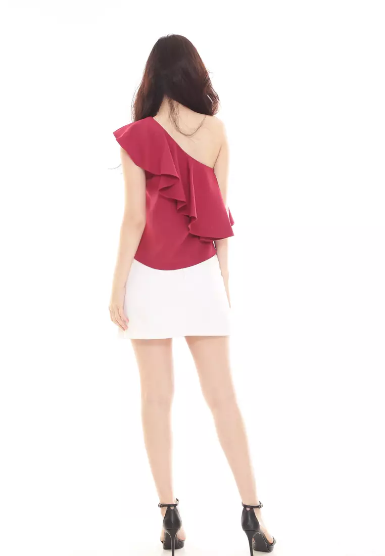 Ella Ruffle Sleeves Top in Maroon Pink