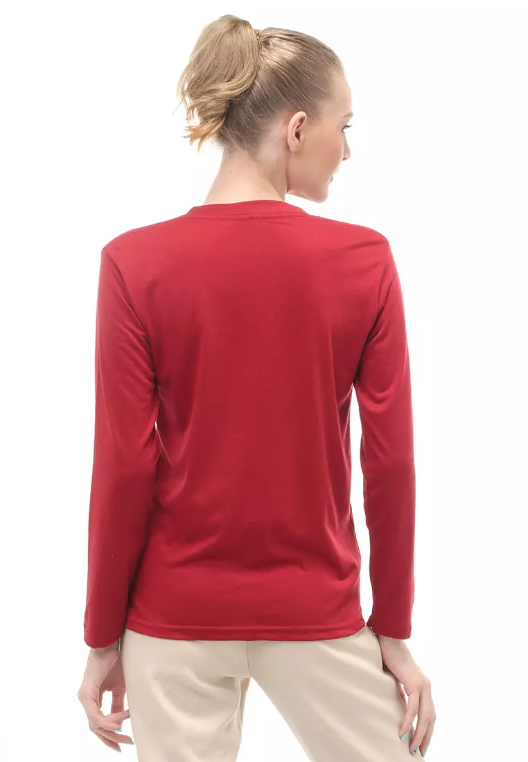 Kaos Polos Atasan Wanita V-Neck Lengan Panjang Design Simple Relaxed Fit - Maroon