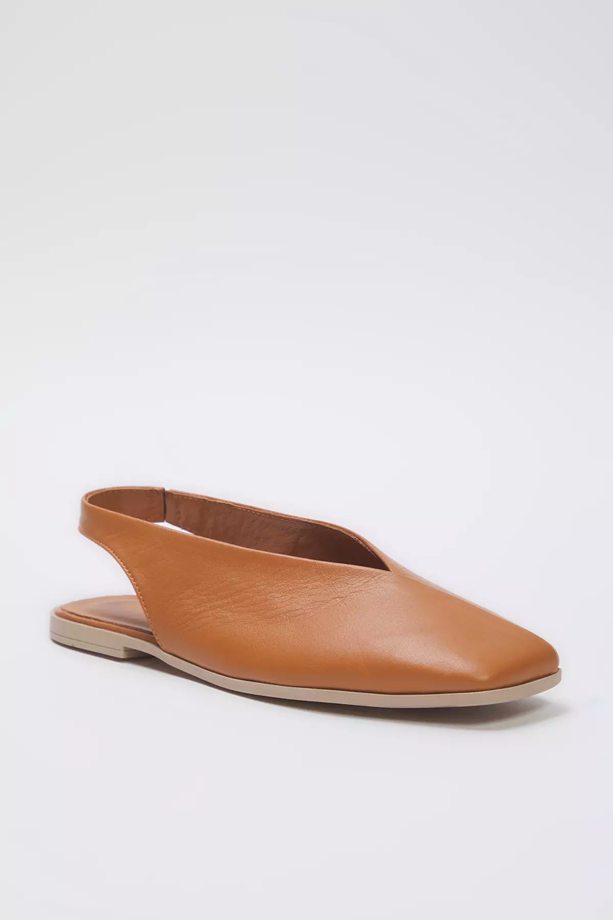 Tan Genuine Leather Open Back Square Toe Women's Flats Takss25Be00018