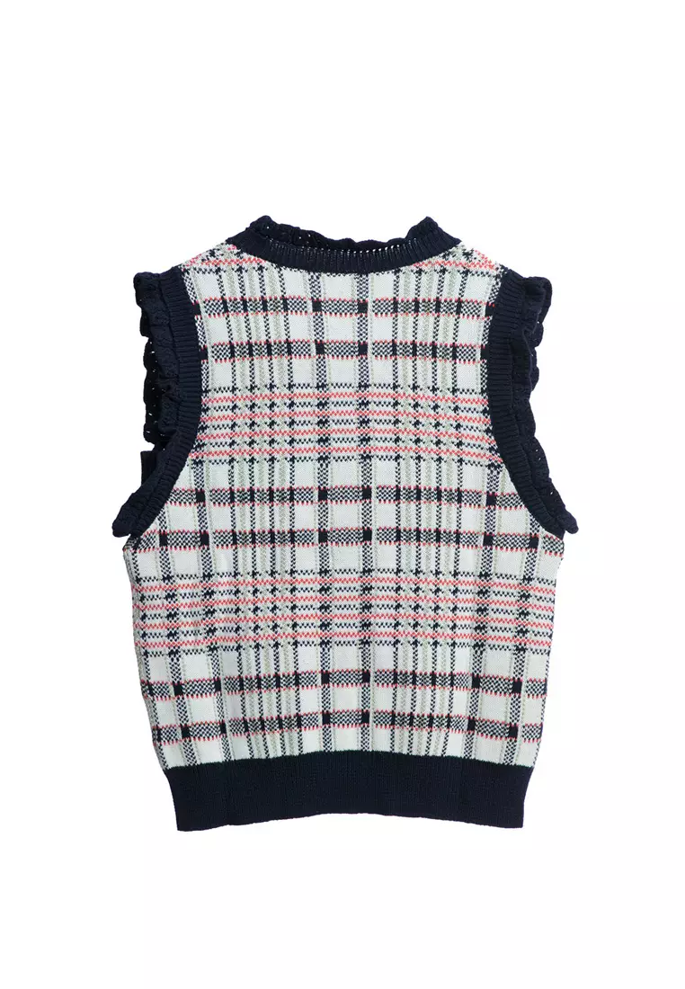 Checkered Knit Vest With Floral Embroidery