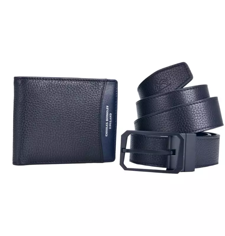 Tumbled Leather Wallet & Matte Black Buckle Belt Combo Gift Set