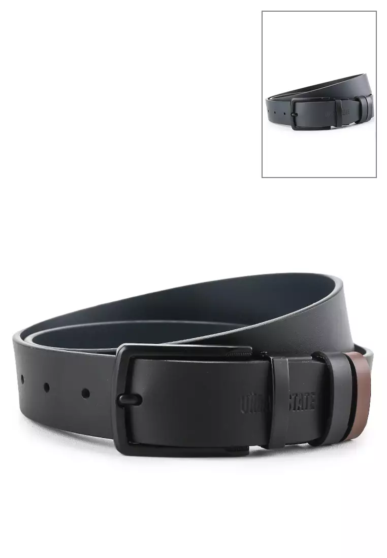 Black Formal Square Pin Buckle Reversible Top Grain Leather Belt