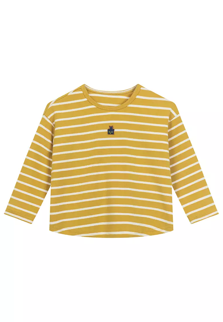 中小童长袖T恤男女童趣味织标舒适条纹衫