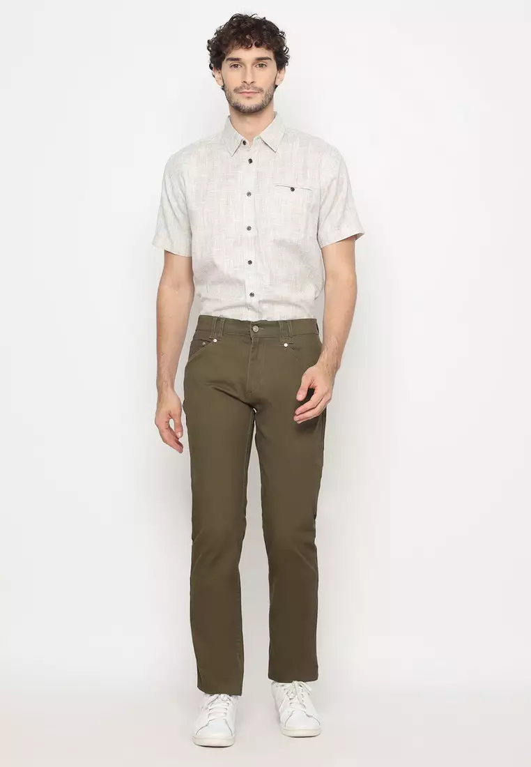 POLICE Celana Chino Panjang V Pocket Olive Regular Fit Cotton Premium Pria