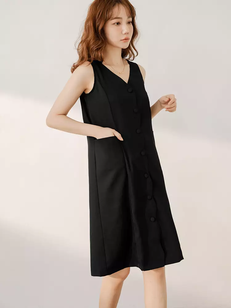 V-neck wavy placket sleeveless dress [DA10016]