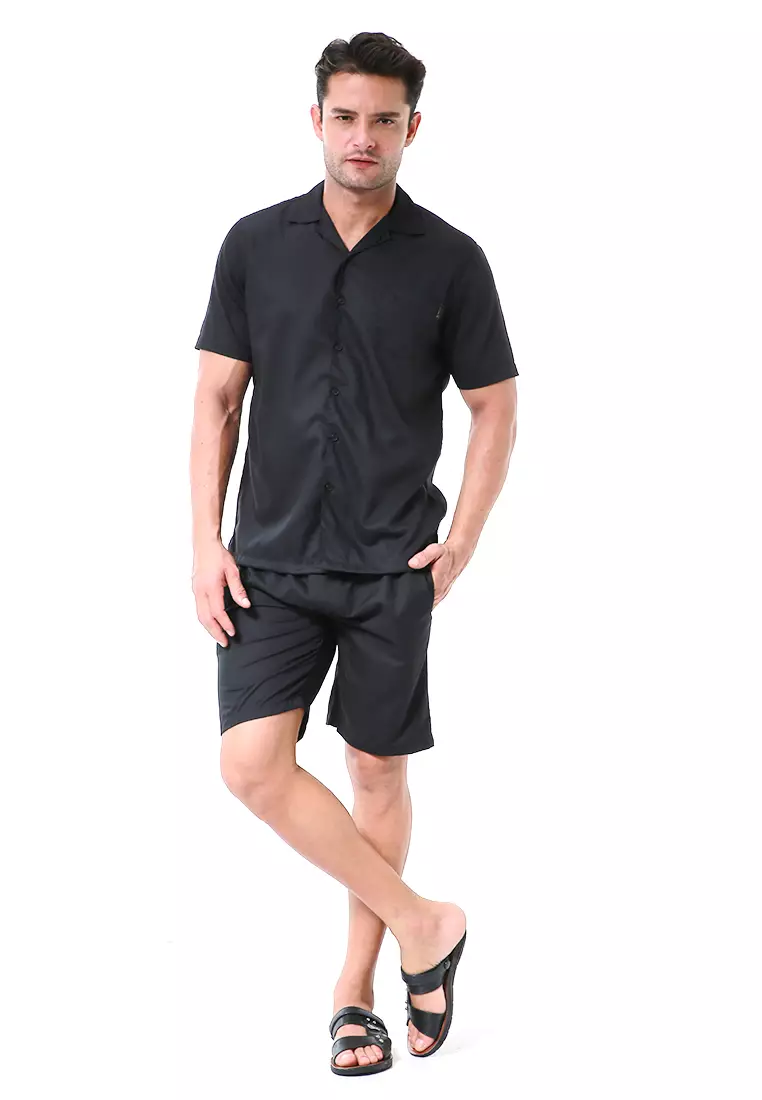 Deon Piyama Pria Plain Motive Kemeja One Set Lengan Pendek Material Cotton ORIGINAL - Black