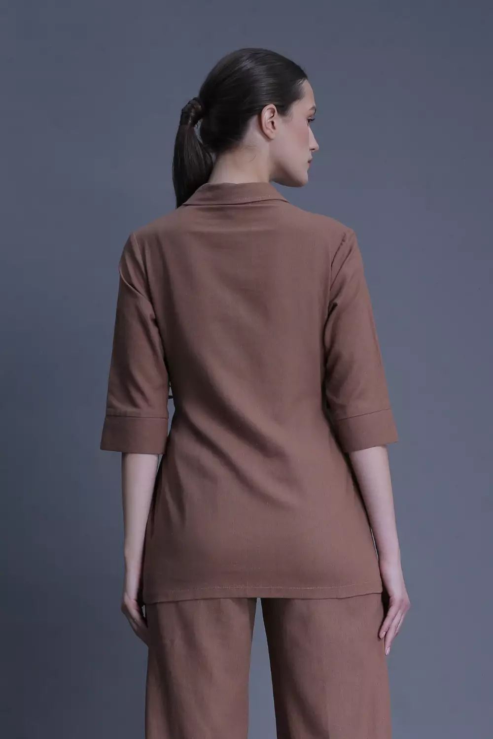 Demure Studio - Essentials Linen Travel - Kimono Blazer Shirt Brown (Only Shirt)