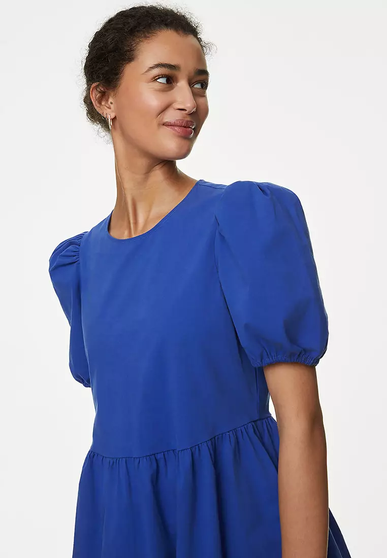 Cotton Rich Puff Sleeve Midi Column Dress