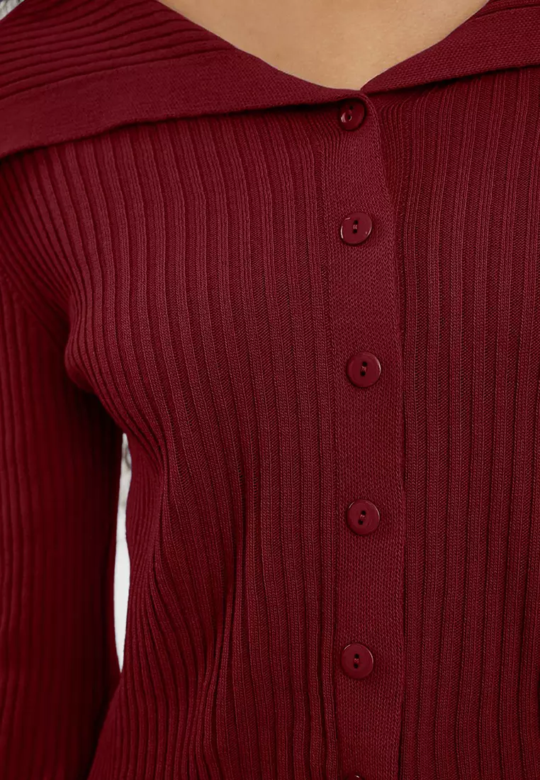 Claret Red Turn-down Collar Knitwear Cardigan TWOAW24HI00284