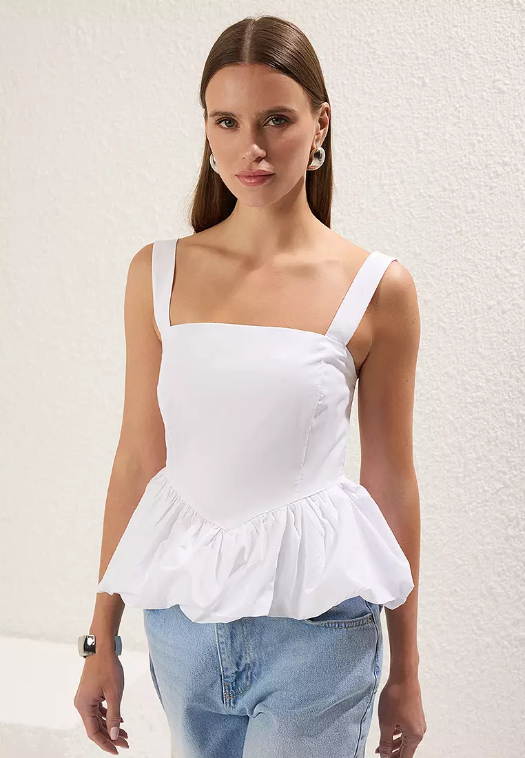 White Balloon Skirt Suspender Woven Blouse
