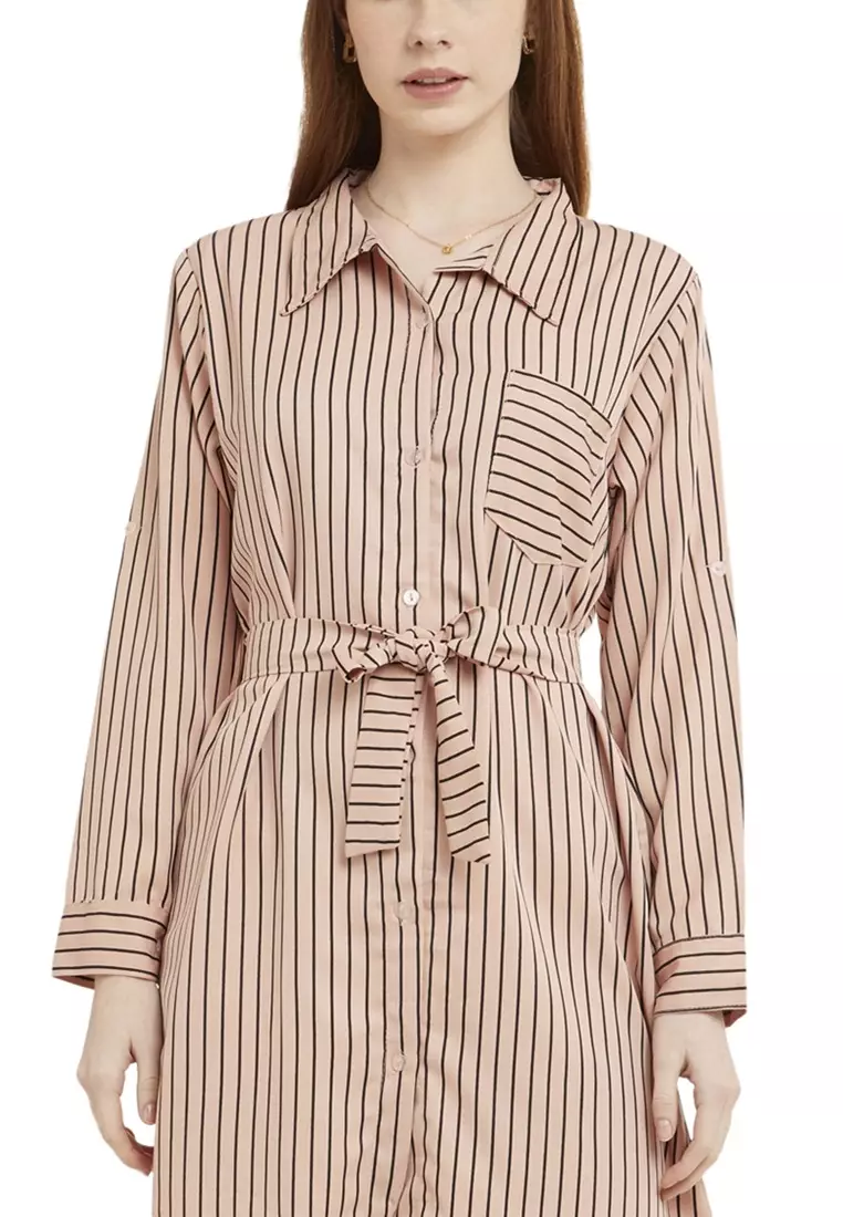 Tunik Salur Self Tie Belt Baju Wanita Lengan Panjang Garis Regular Fit - Mocca