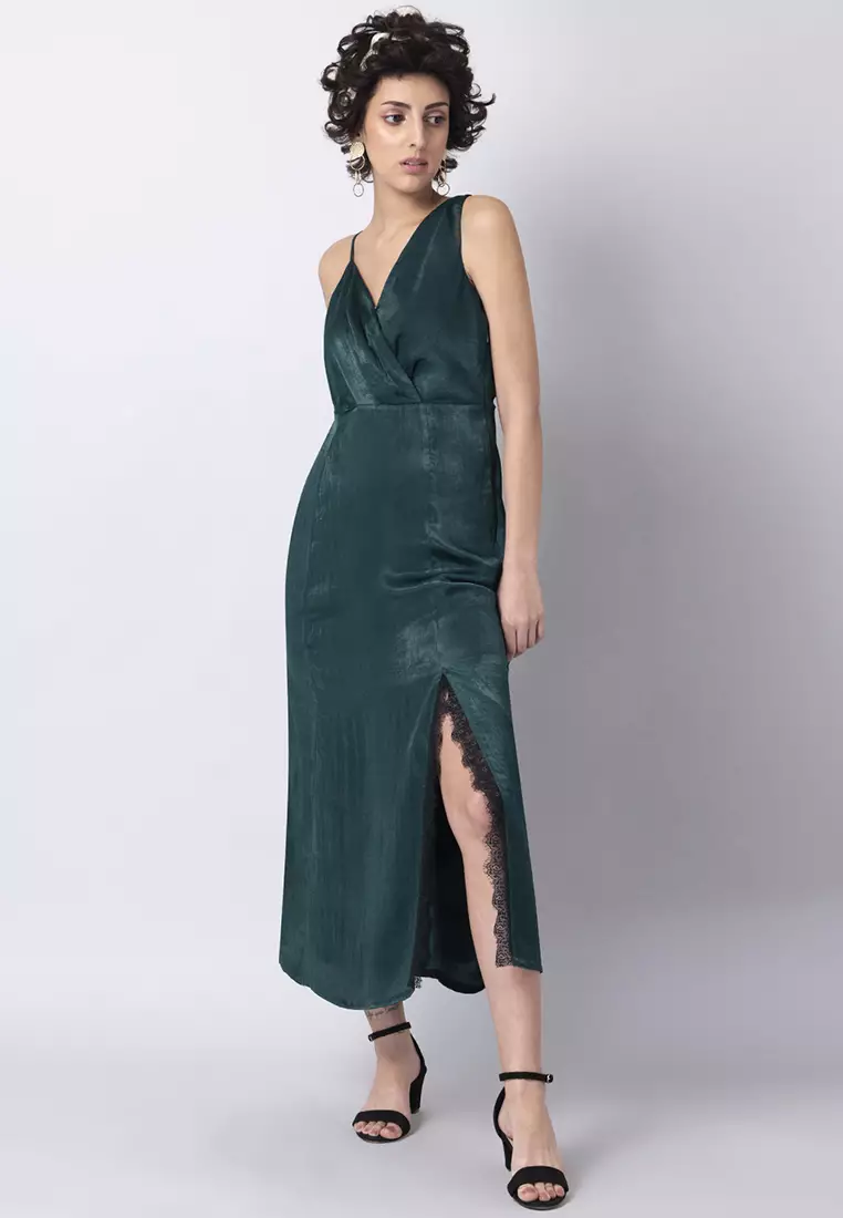 green emerald velvet dress Ishani Handloom Midi Dress Bottle Green - Elegant & Stylish main image 1