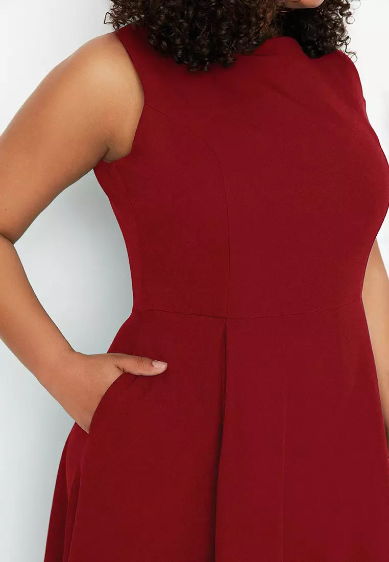 Claret Red A-Line Woven Pocket Detail Dress TBBSS22EL1598