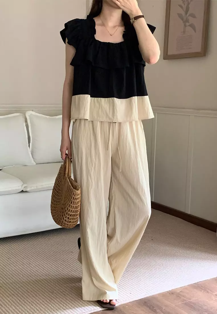 Korean style square neck contrasting shirt casual pants set CA25042255BE