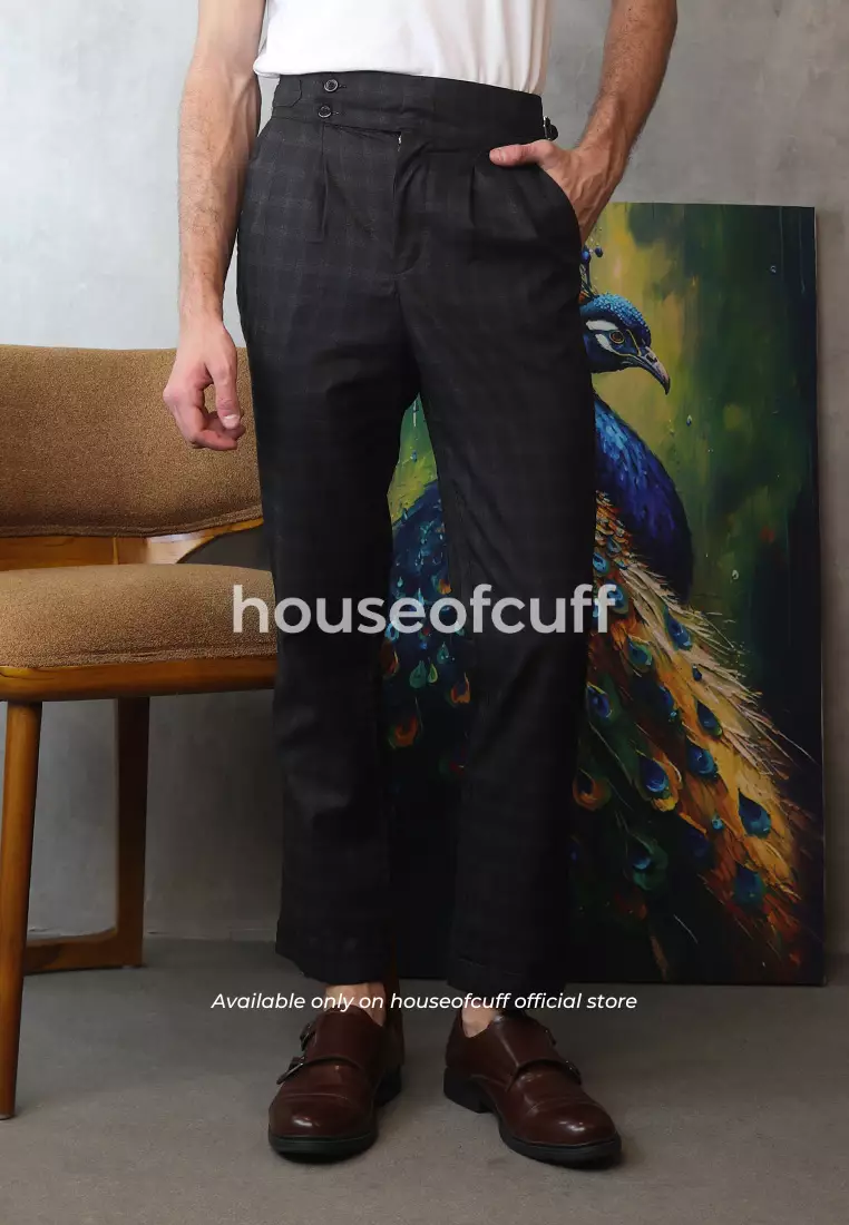 houseofcuff Celana Panjang High Waist Gurkha Abu Tua Side Tab Checkered