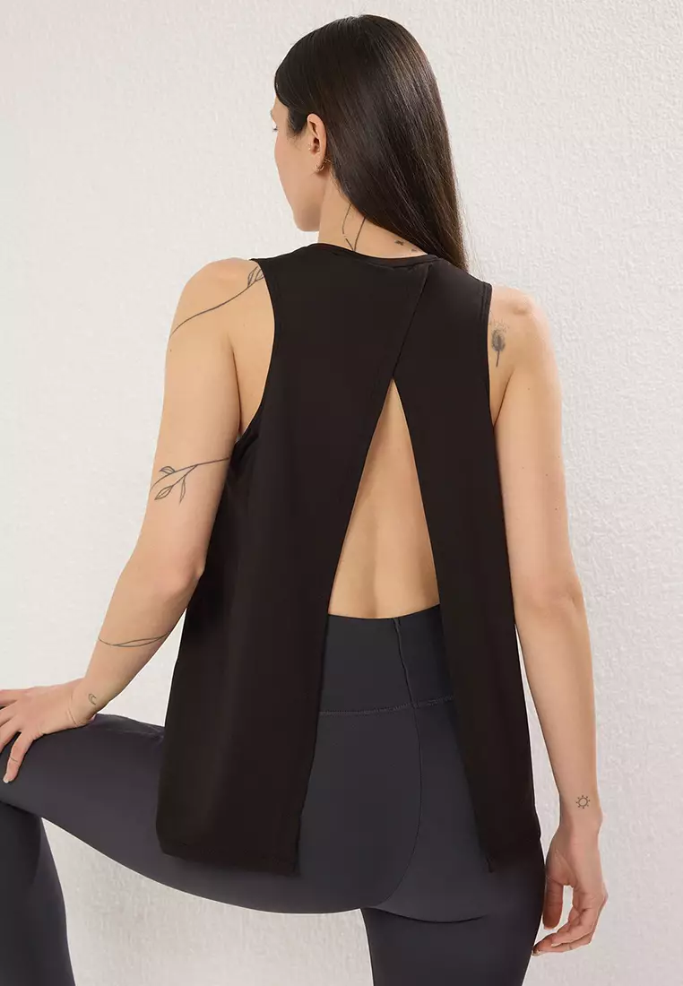 Black Micro Fabric Back Slit Detailed Sports Knitted Top/Blouse THMSS25BZ00009