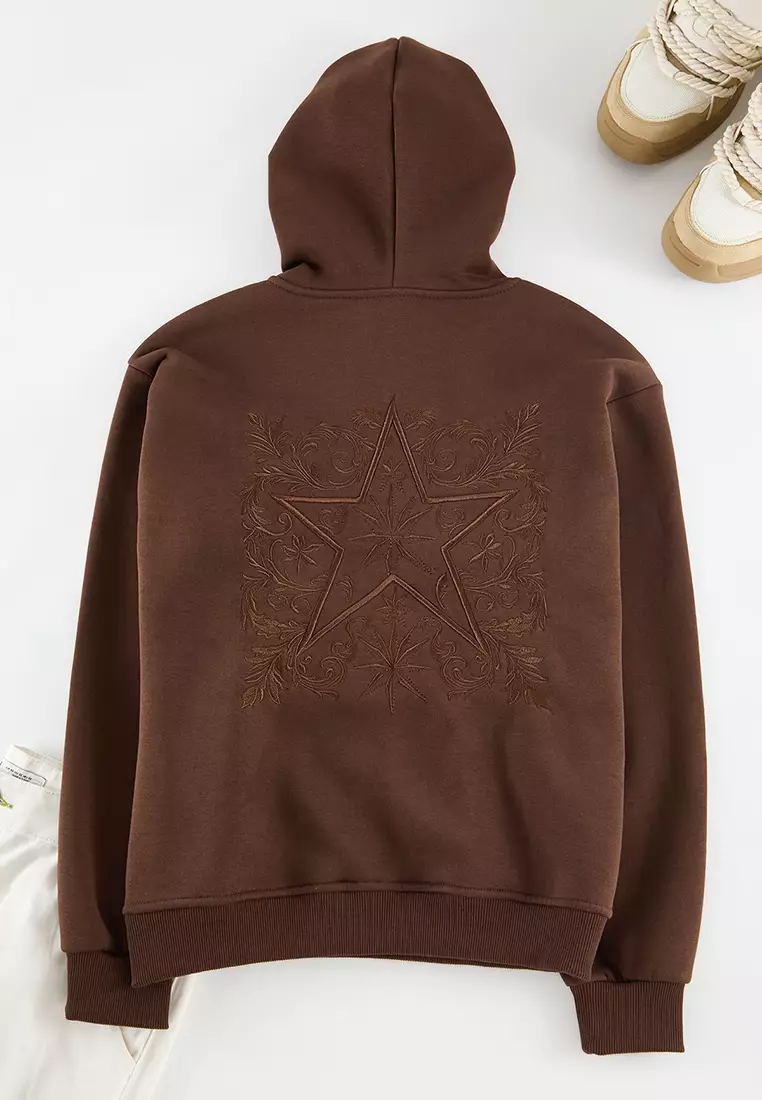 Dark Brown Oversize/Wide Cut Back Embroidered Detailed Hooded Sweatshirt TMNAW25SW00142