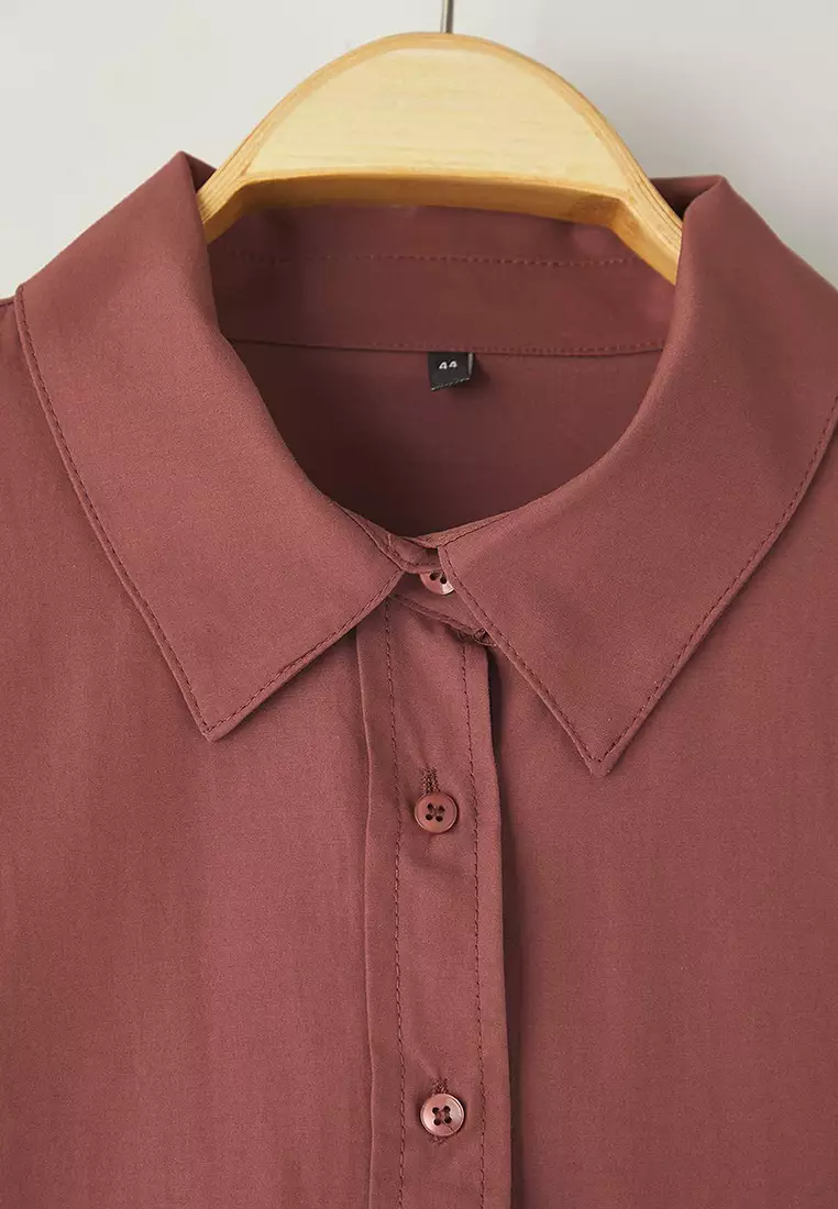 Brown Loose Fit Cotton Long Sleeve Plus Size Woven Shirt