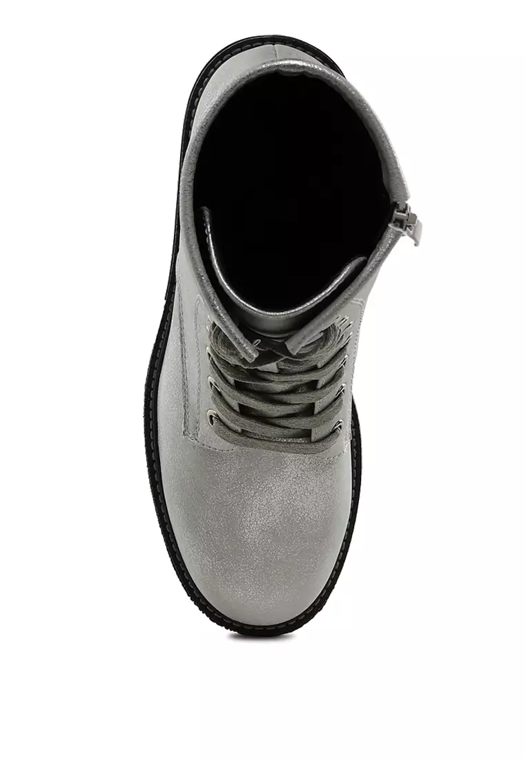 Metallic Texture Lace Up Boots in Silver