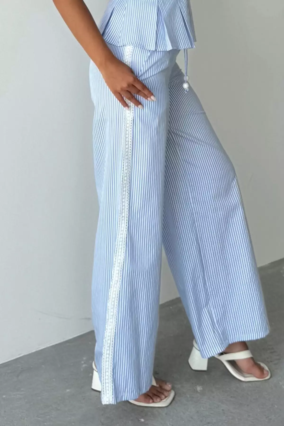 Blue Striped Strap Blouse Pants Bottom Top Set
