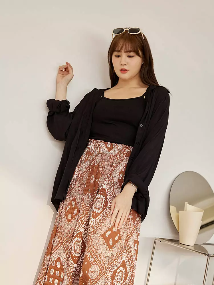 Printed pleated wide-leg pants with an elastic waistband [BA7530]
